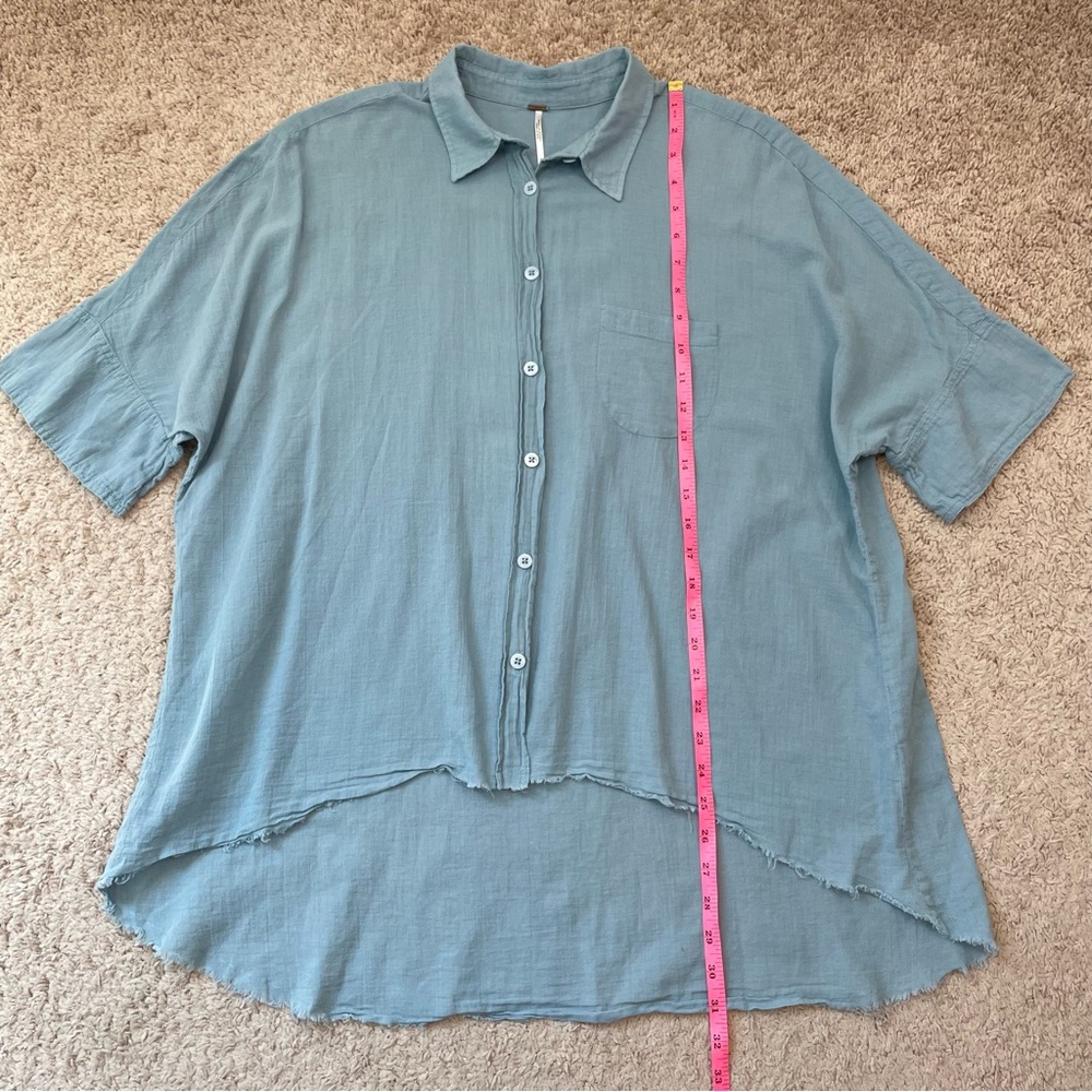 FREE PEOPLE Best of Me Blue Button Front Waterfall Top High-Low Raw Hem Blouse - Picture 11 of 16